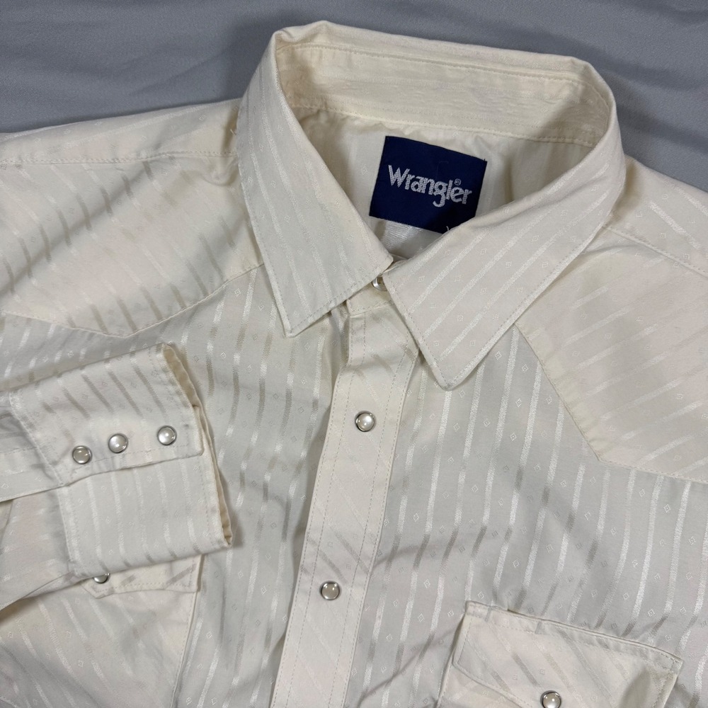 Wrangler Mens Western Pearl Snap Shirt Off White Striped Long Sleeve XL Cowboy